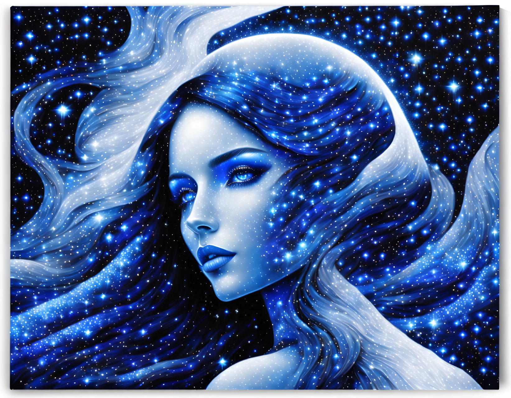 Surreal illustration of woman with blue skin and hair blending into starry night sky