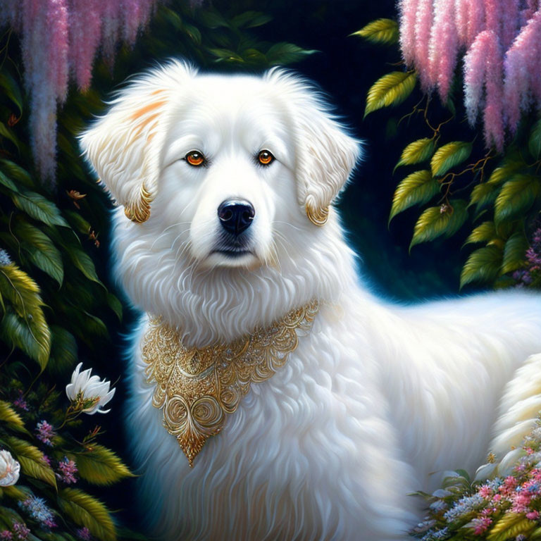 White Dog with Golden Eyes and Jewelry in Lush Pink Flower Background