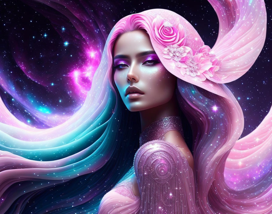 Mystical woman with pink rose-adorned hair in cosmic setting