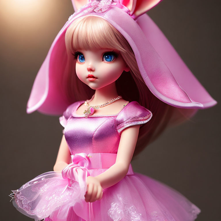 Blue-eyed doll in pink dress and bunny ears smiling softly