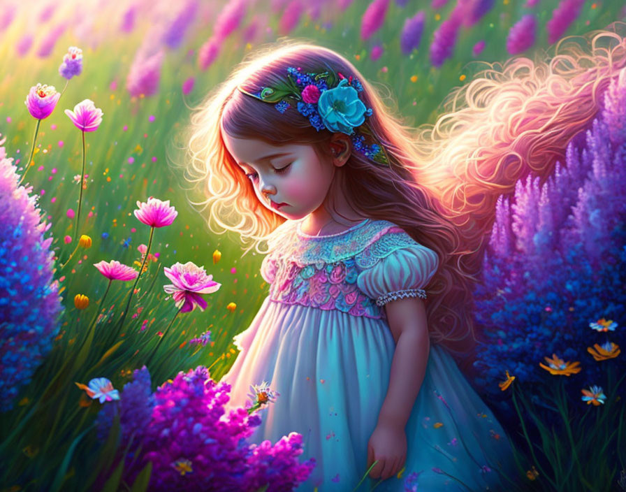 Young Girl with Floral Headband Surrounded by Purple Flowers