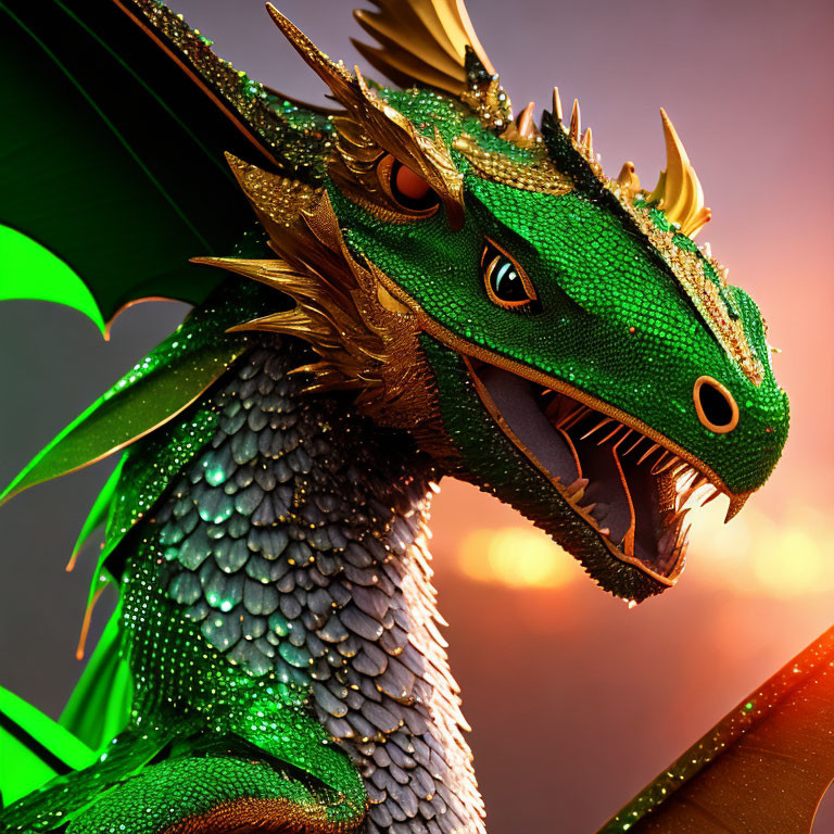 Detailed Illustration of Majestic Green Dragon with Scales and Horns