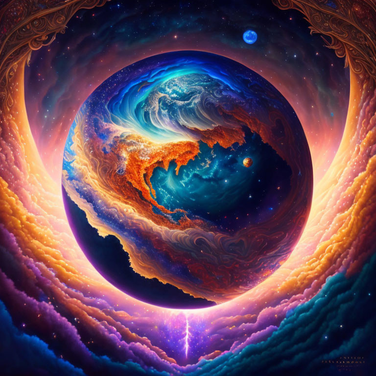 Colorful surreal artwork: swirling cosmic entity with Earth-like features, celestial clouds, luminescent core