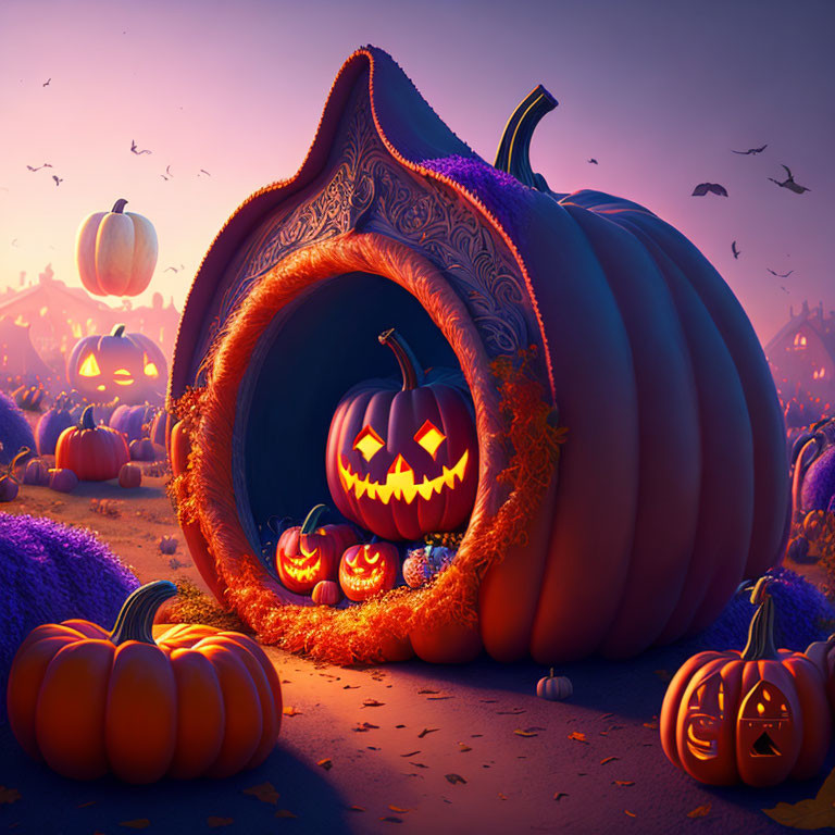Whimsical Halloween scene with pumpkin house and jack-o'-lanterns