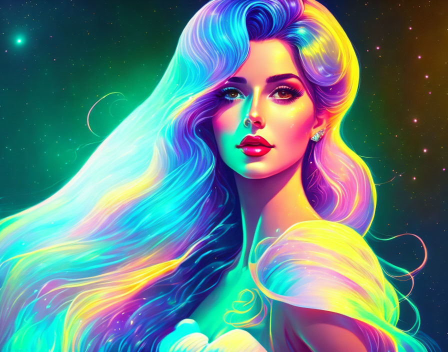 Colorful digital artwork: Woman with multicolored hair in cosmic setting