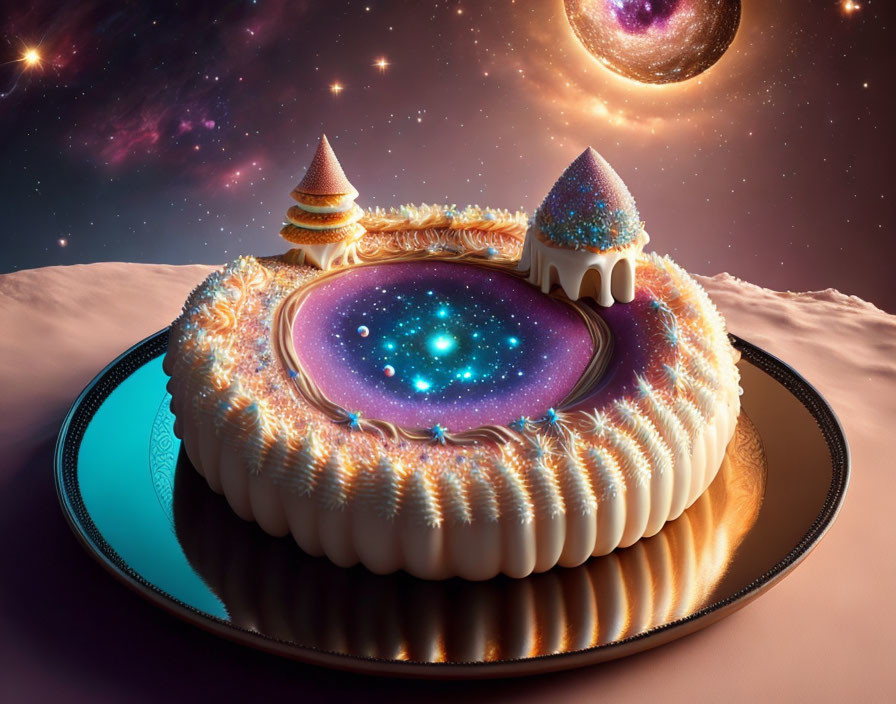 Cosmic-themed cake with starry night icing and galaxy center