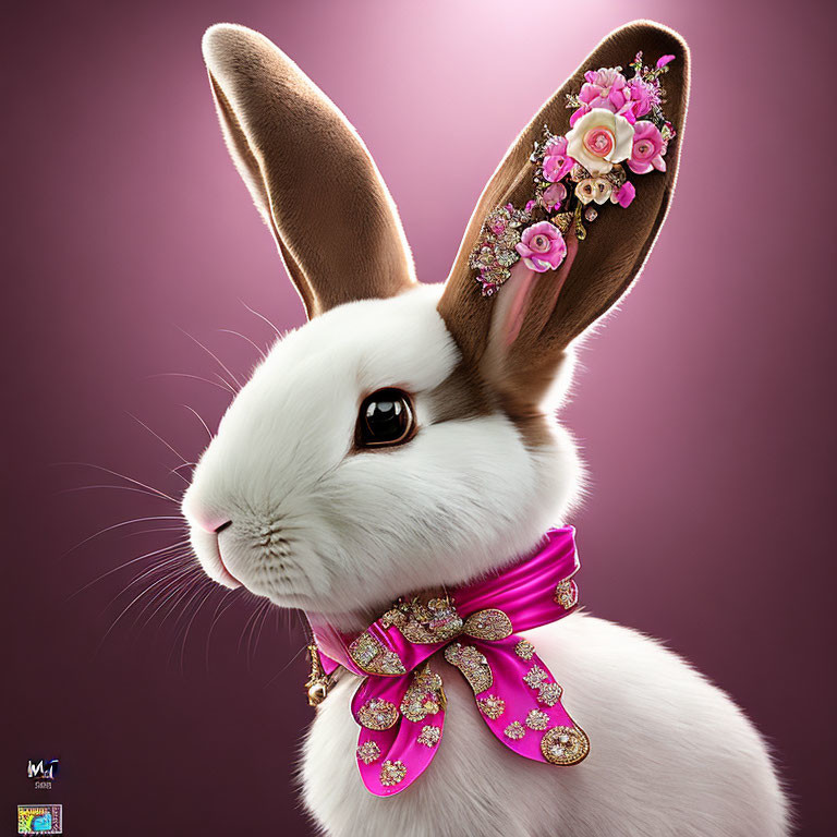 Decorated White Rabbit with Purple Bow on Purple Background