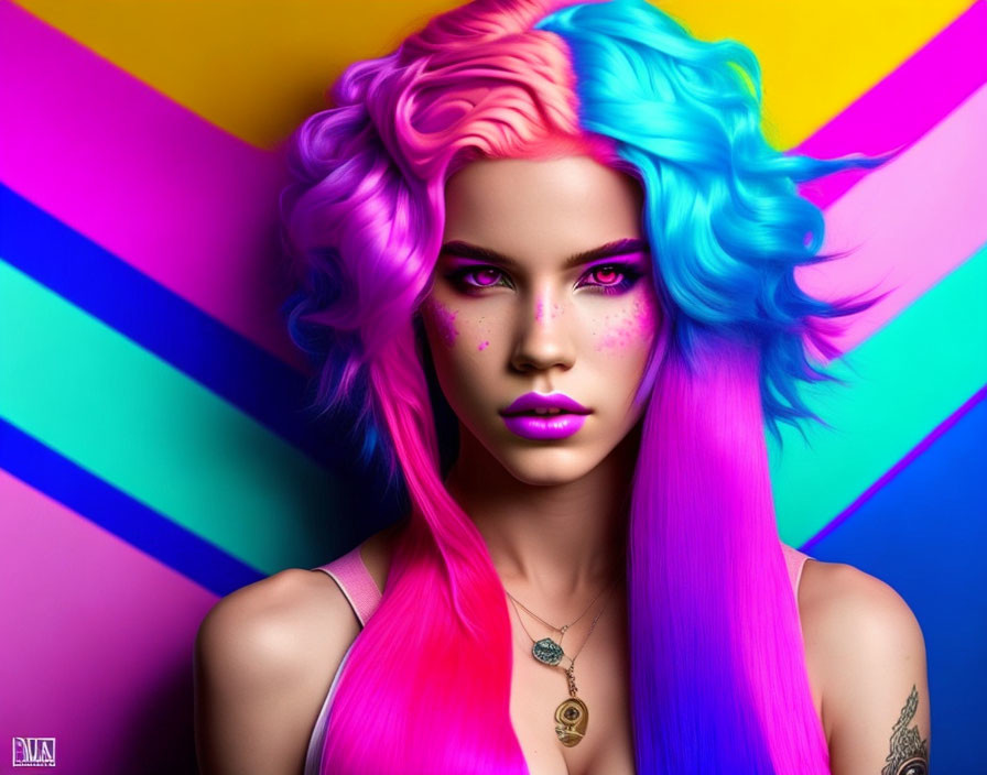Colorful digital artwork: Woman with pink and blue hair, bold makeup, tattoos, on striped background