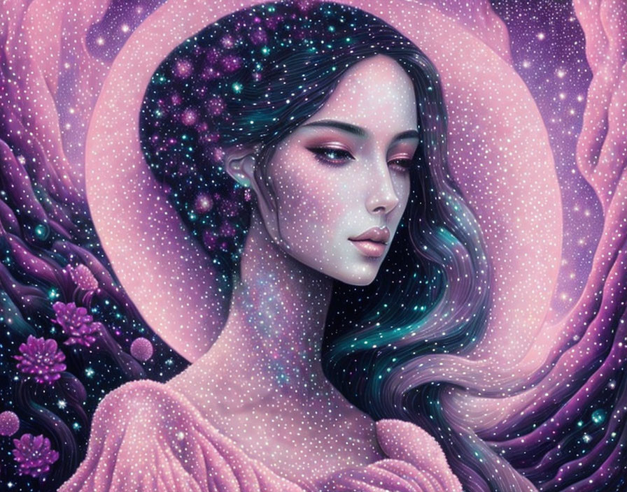Cosmic-themed digital art: woman with flowing hair and stars in purple, pink, and blue palette