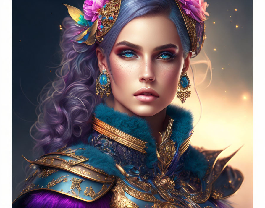 Digital Artwork: Woman with Blue Eyes, Purple Hair, Flowers, and Feathered Attire