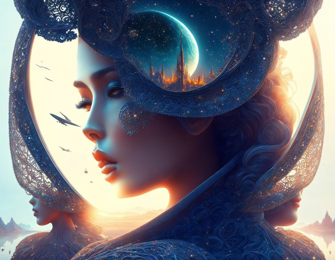 Woman with Elaborate Headwear Featuring Fantasy City and Space Elements