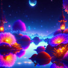 Luminous flora and fauna in surreal night scene with reflective water and distant planet