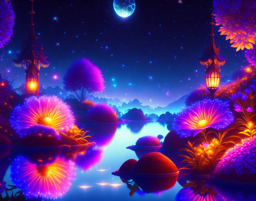 Colorful Night Fantasy Landscape with Glowing Trees and Moonlit River