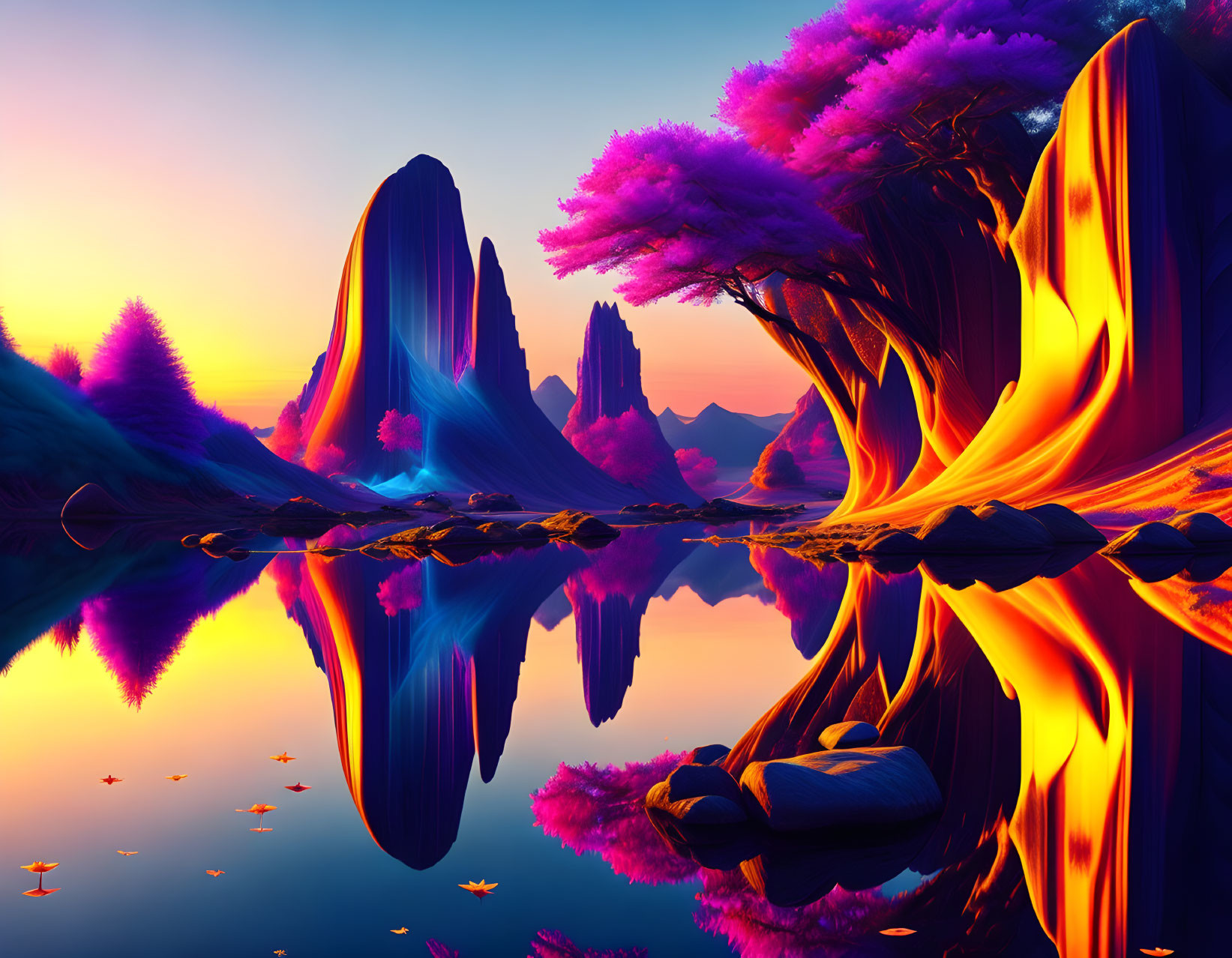 Colorful Digital Art Landscape: Purple Foliage, Orange Rocks, Reflective Water
