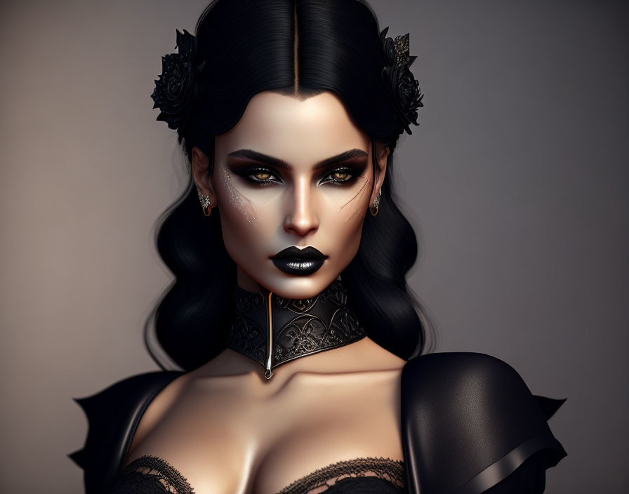 Portrait of a female with gothic makeup and dark roses in her hair.