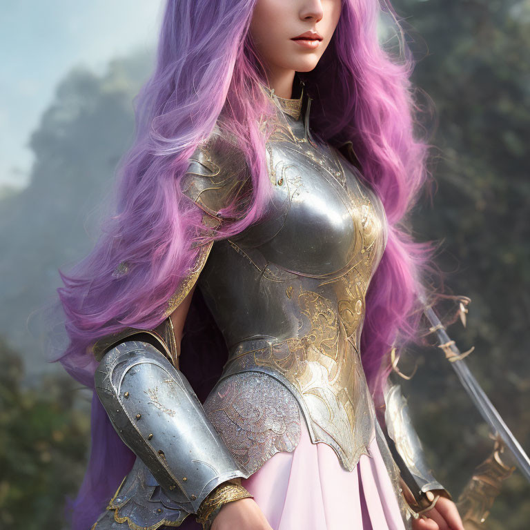 Purple-haired woman in ornate medieval armor against forest backdrop