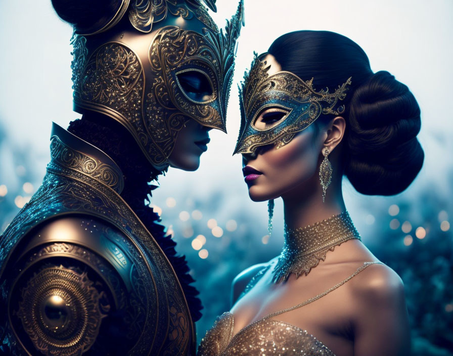 Two individuals in golden masks and intricate clothing in close proximity against bokeh light backdrop.