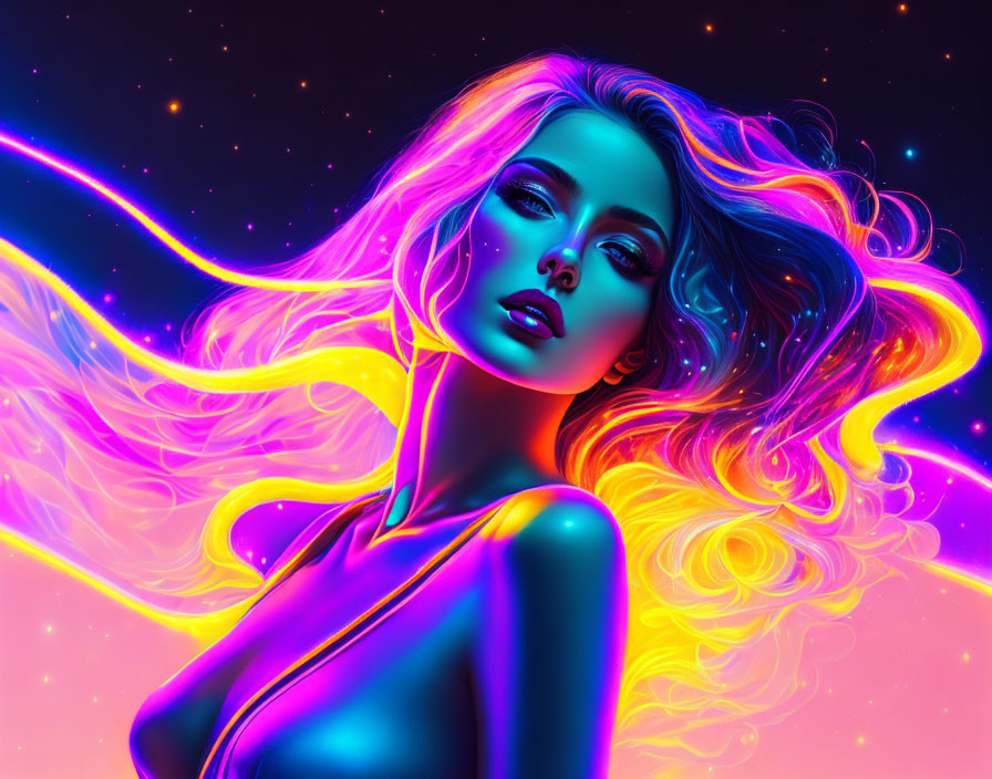 Colorful digital artwork: Woman with neon hair on cosmic backdrop