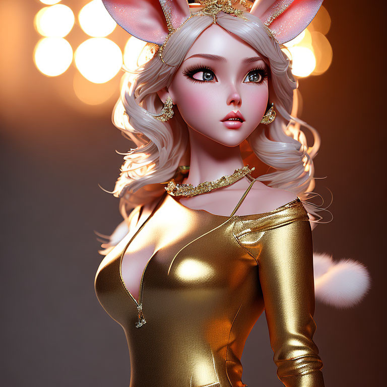 Female character with rabbit ears in golden outfit: 3D illustration