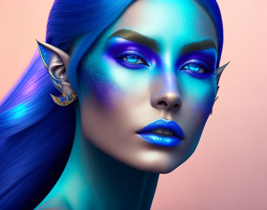 Digital Artwork: Woman with Blue Skin and Crescent Moon Earring