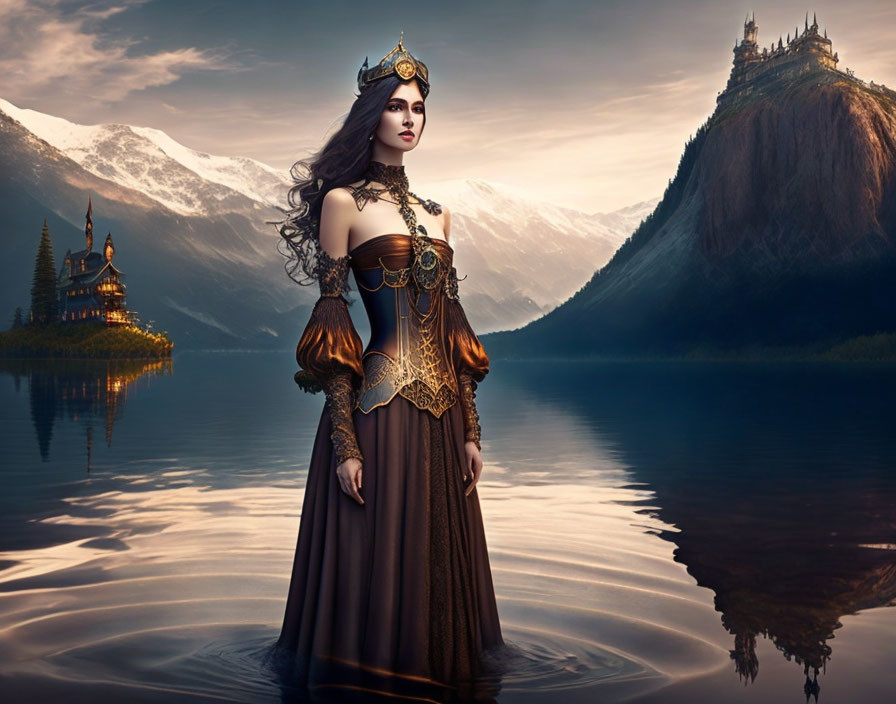 Regal woman in ornate costume by serene lake with mystical castle