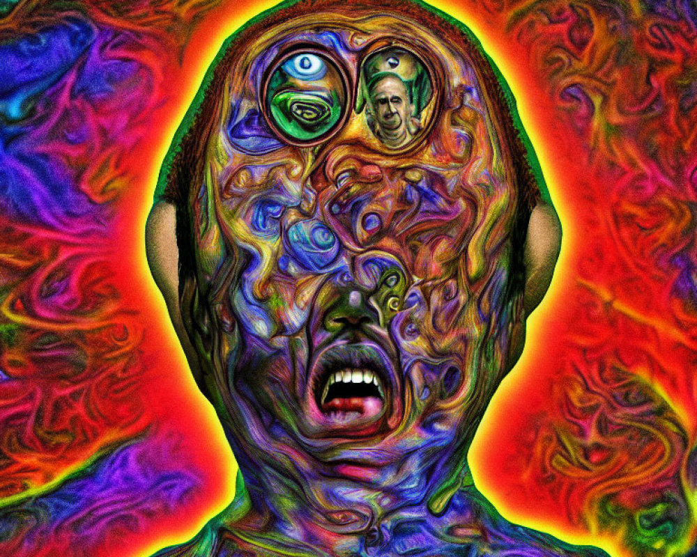 Colorful psychedelic art of person with distorted face
