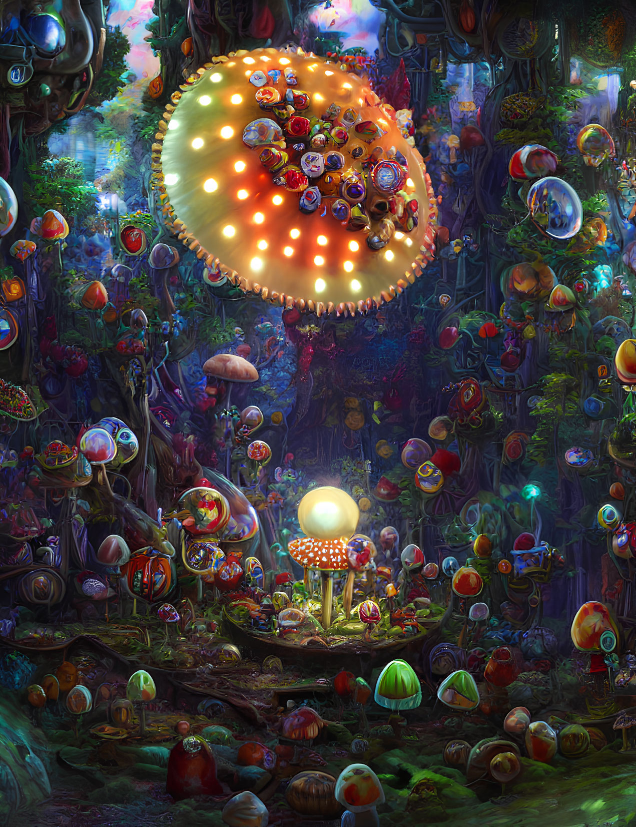 Fantastical scene with luminescent mushrooms and colorful flora in mystical forest.