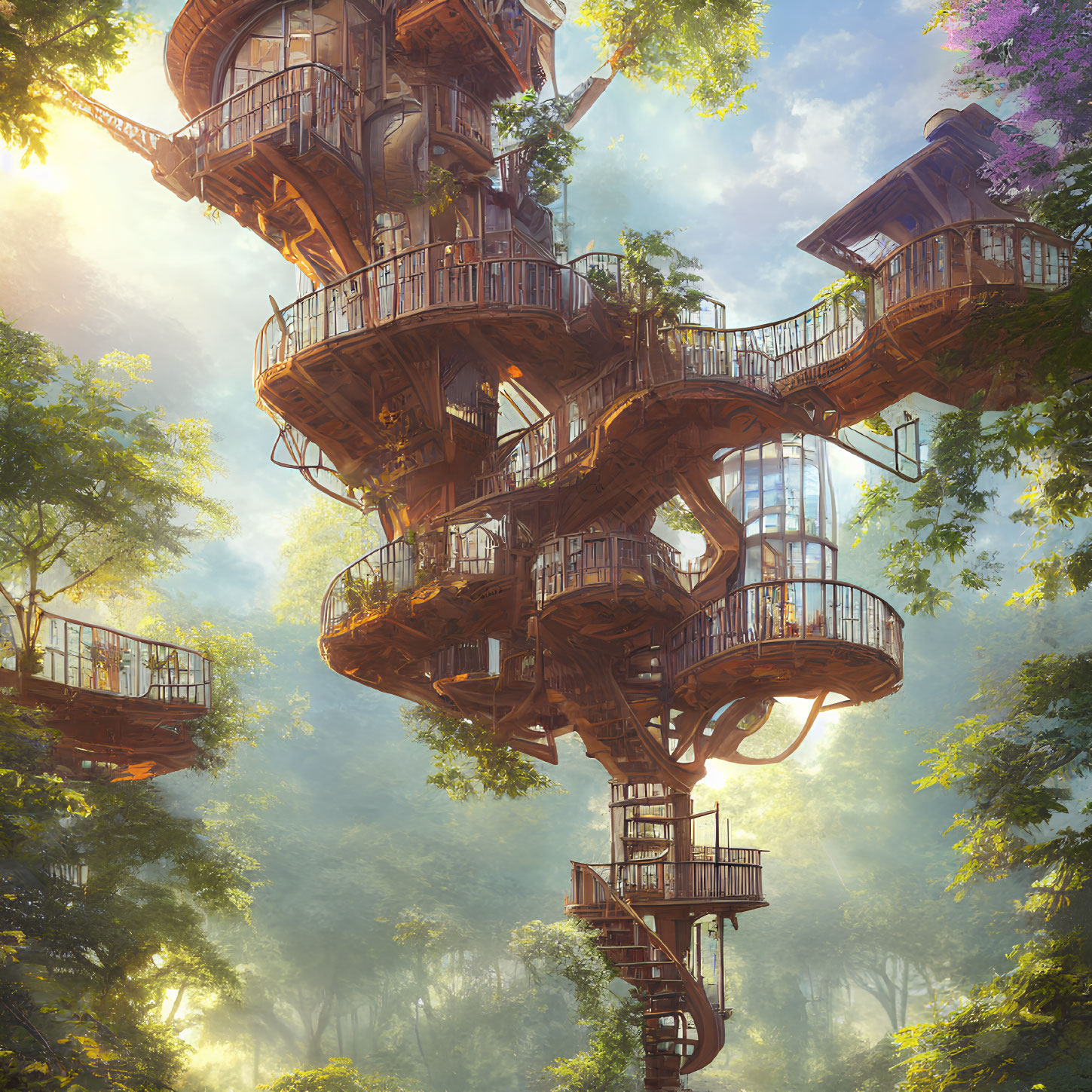 Multi-level treehouse surrounded by lush foliage and sunlight.