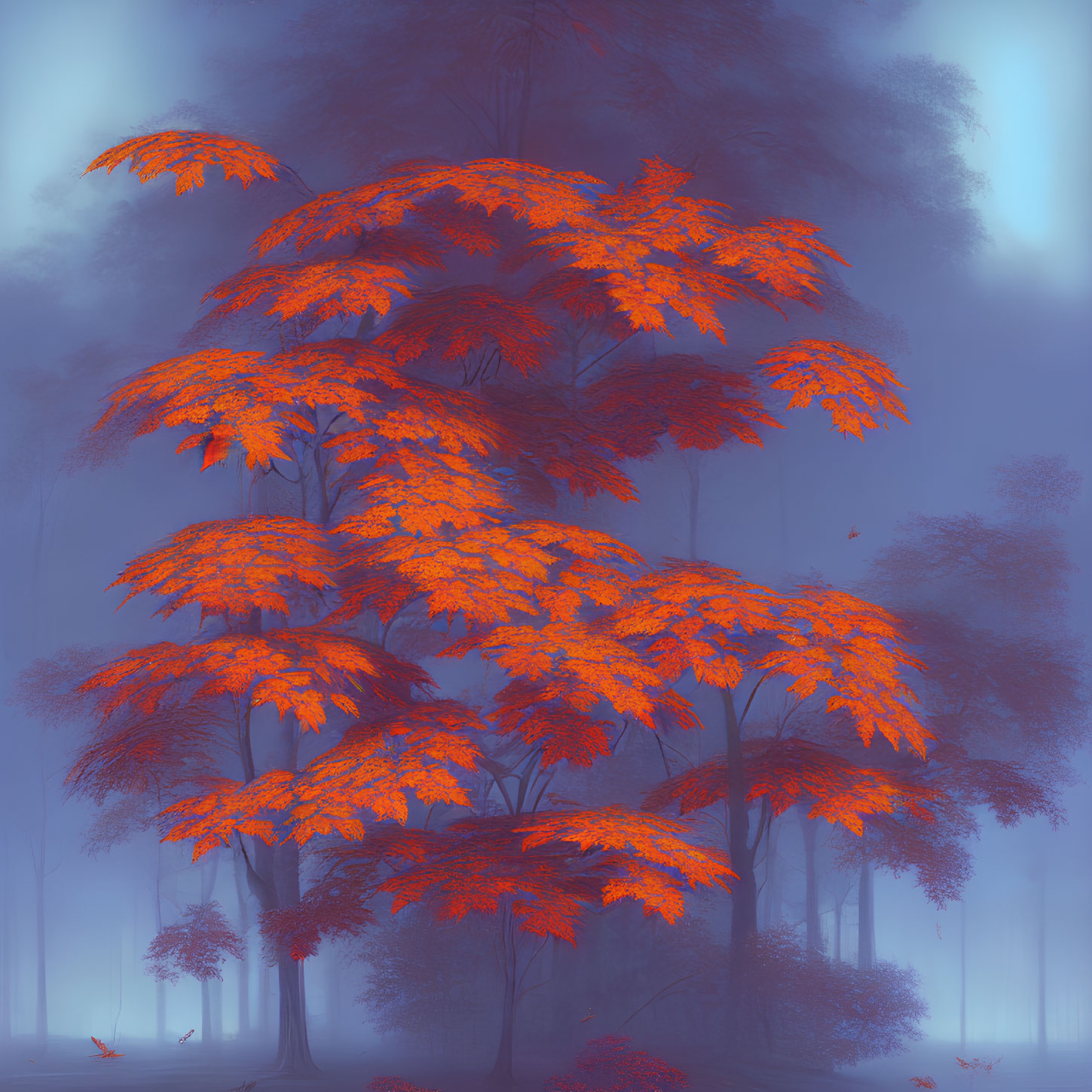 Mystical blue forest with vivid orange-leaved tree