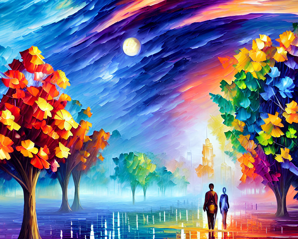 Vibrant painting of couple walking in colorful cityscape