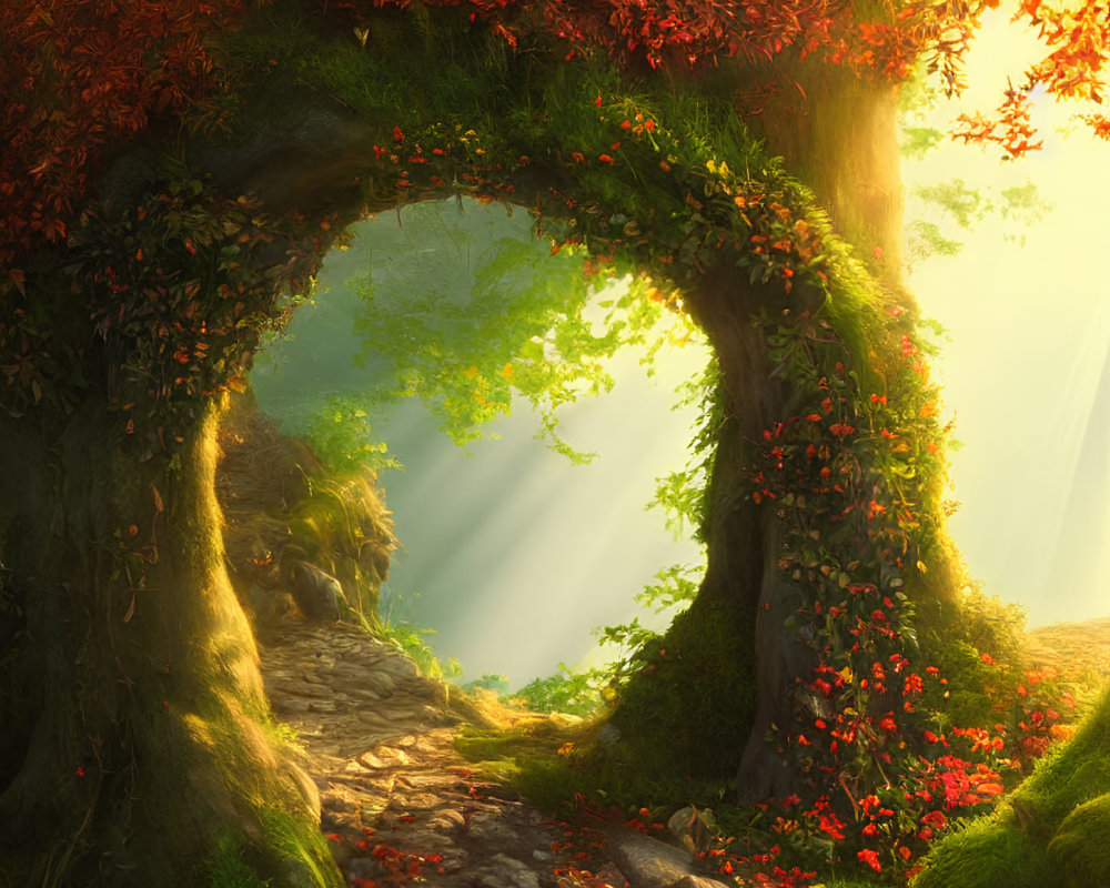 Sunlit Archway Over Magical Forest Path with Red Foliage