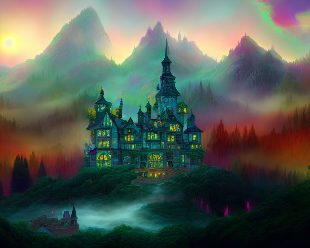 Fantastical castle in vibrant forest under colorful twilight sky
