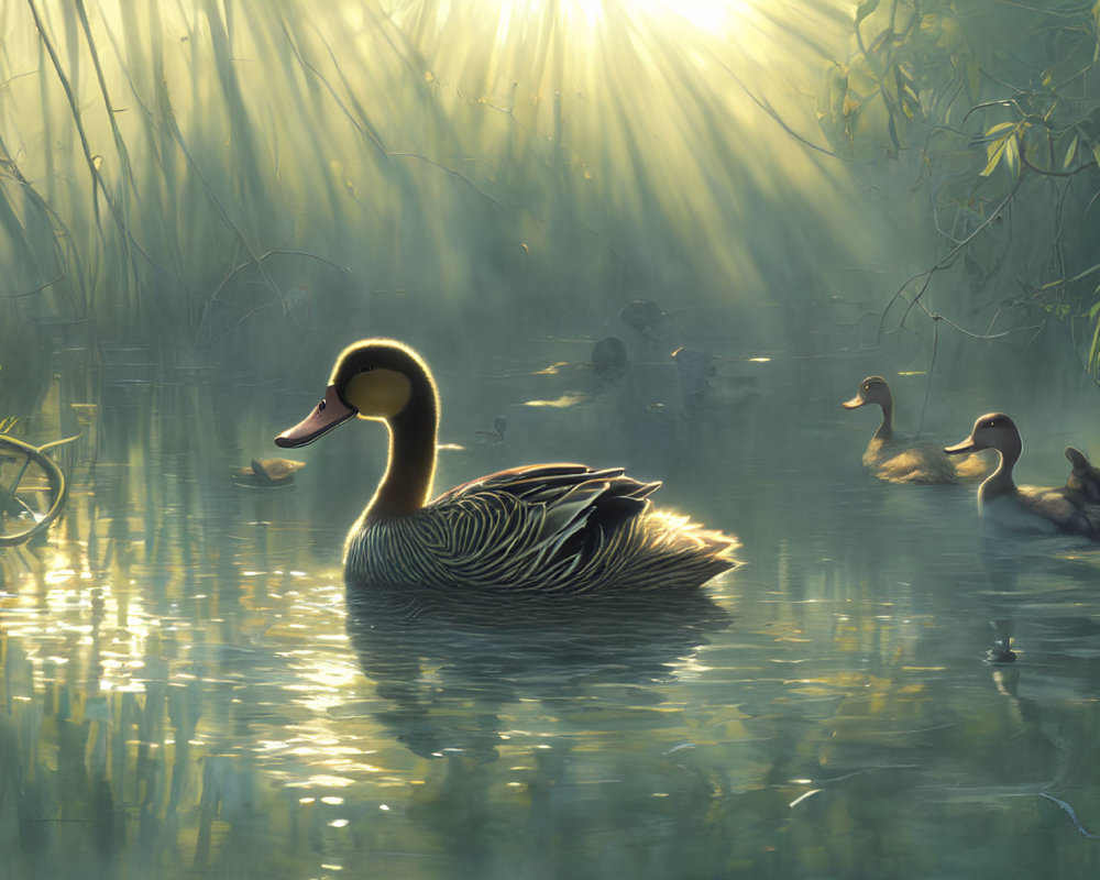 Tranquil pond with ducks, mist, and sunlit greenery