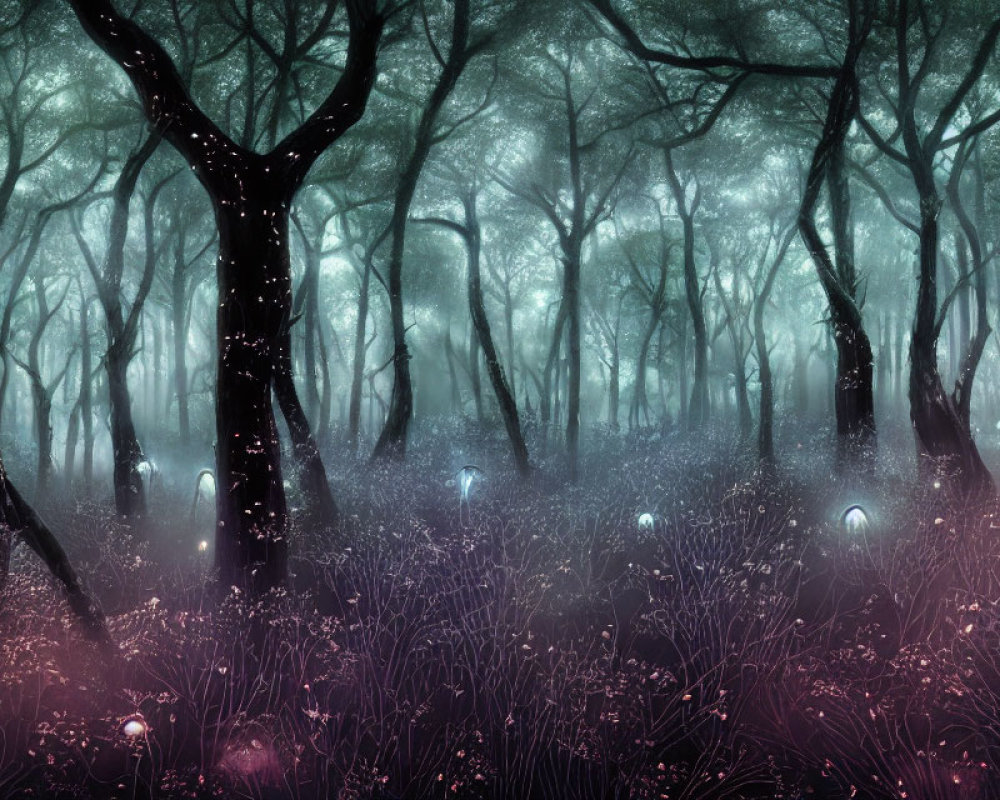 Enchanting Misty Forest with Glowing Firefly Lights