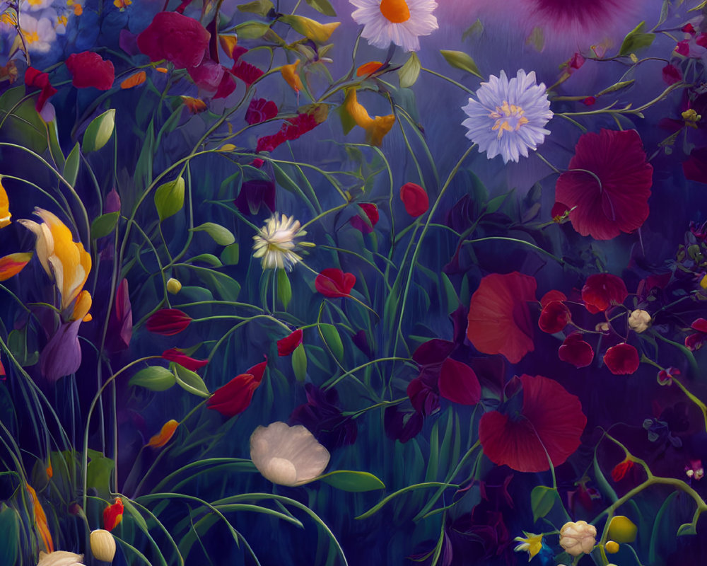 Colorful digital painting of assorted flowers in lush foliage on dramatic purplish-blue backdrop with ethereal