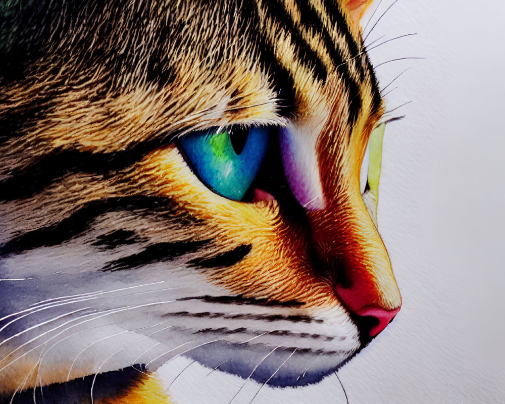 Colorful Cat Artwork with Vibrant Eyes and Whiskers on White Background