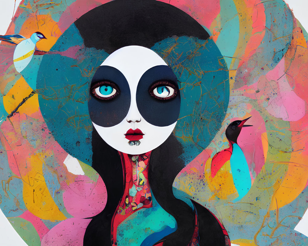 Vibrant digital artwork of stylized woman with dark eyes and abstract patterns