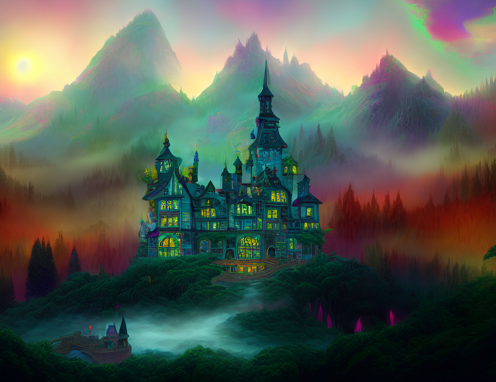 Fantastical castle in vibrant forest under colorful twilight sky