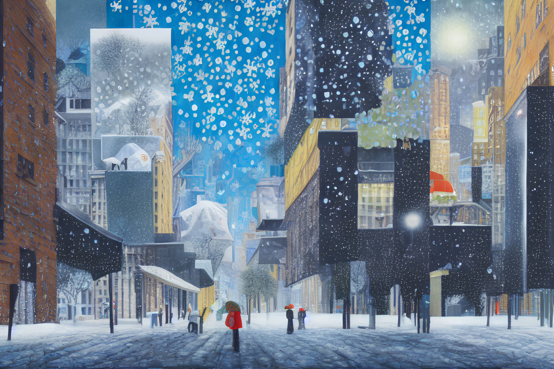 Snowy urban night scene with pedestrians and city lights
