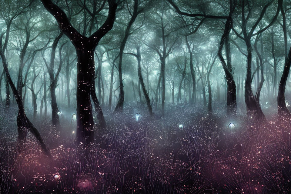 Enchanting Misty Forest with Glowing Firefly Lights