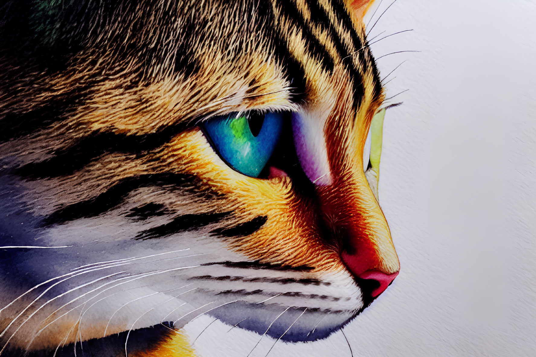 Colorful Cat Artwork with Vibrant Eyes and Whiskers on White Background