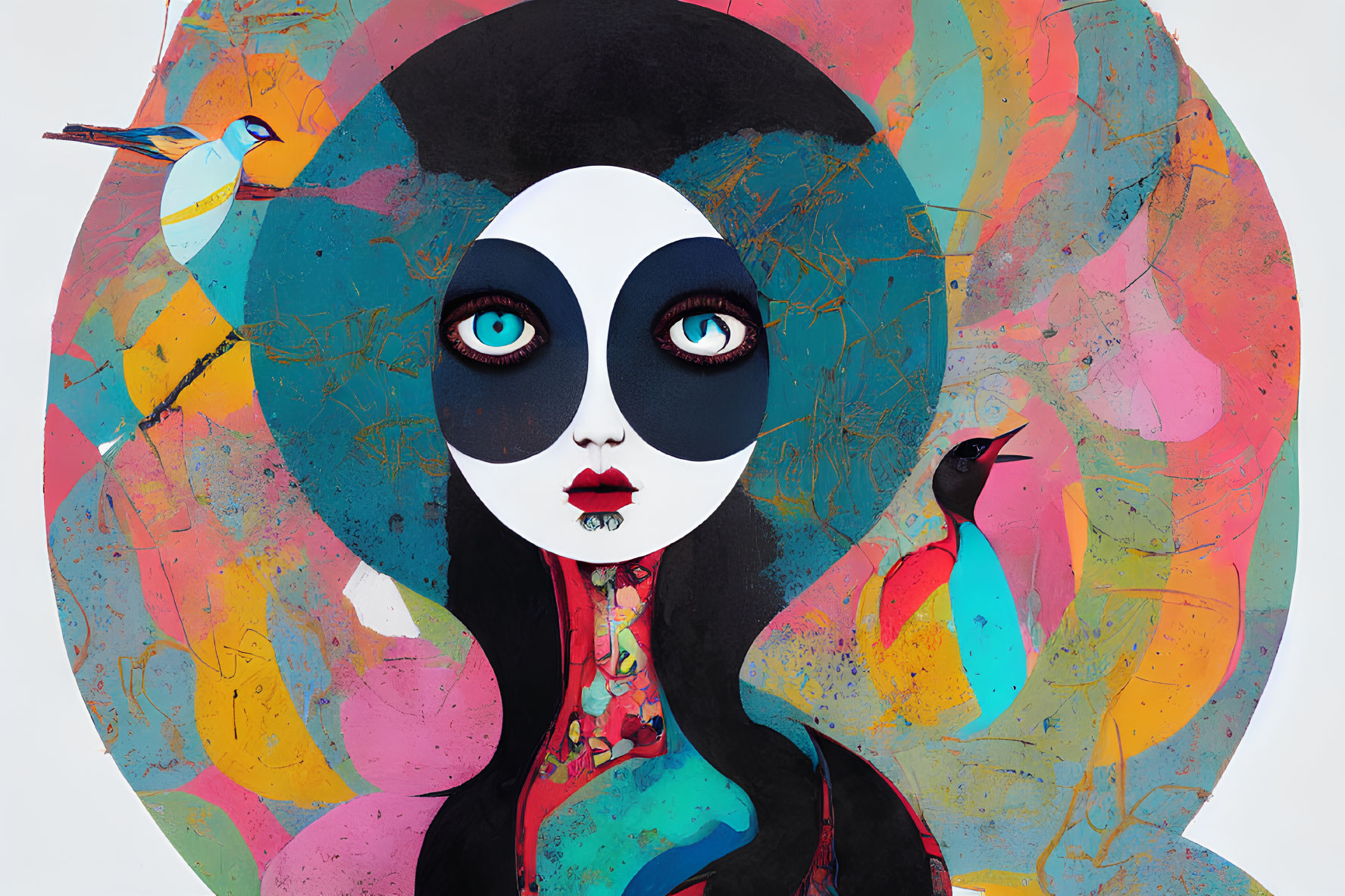 Vibrant digital artwork of stylized woman with dark eyes and abstract patterns