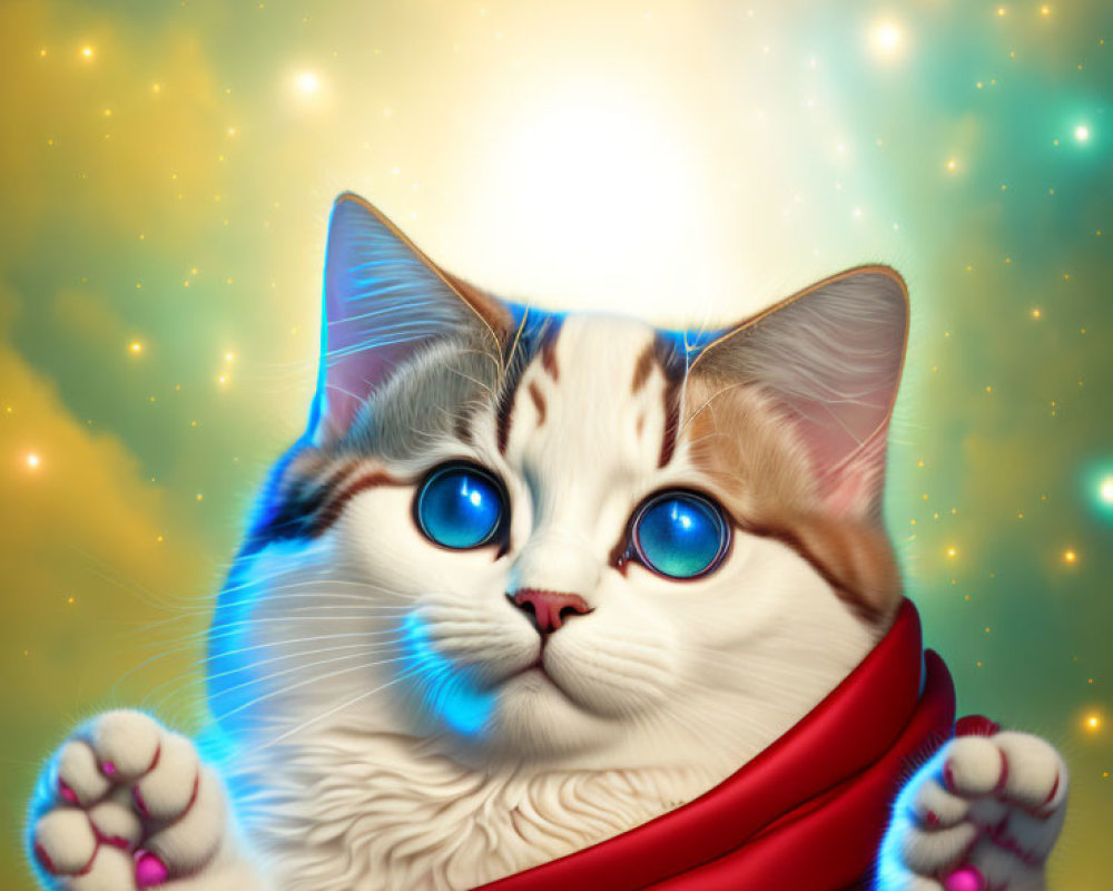 Illustrated cat with blue eyes and red scarf on golden background