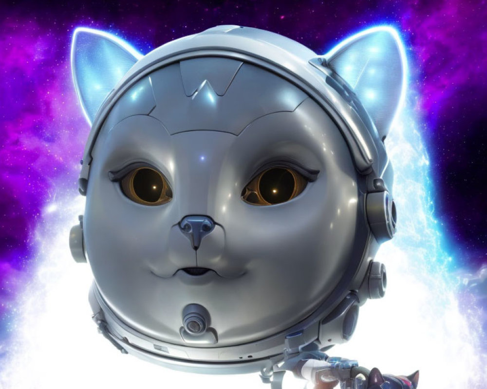 Stylized robot cat with astronaut helmet head and cosmic backdrop