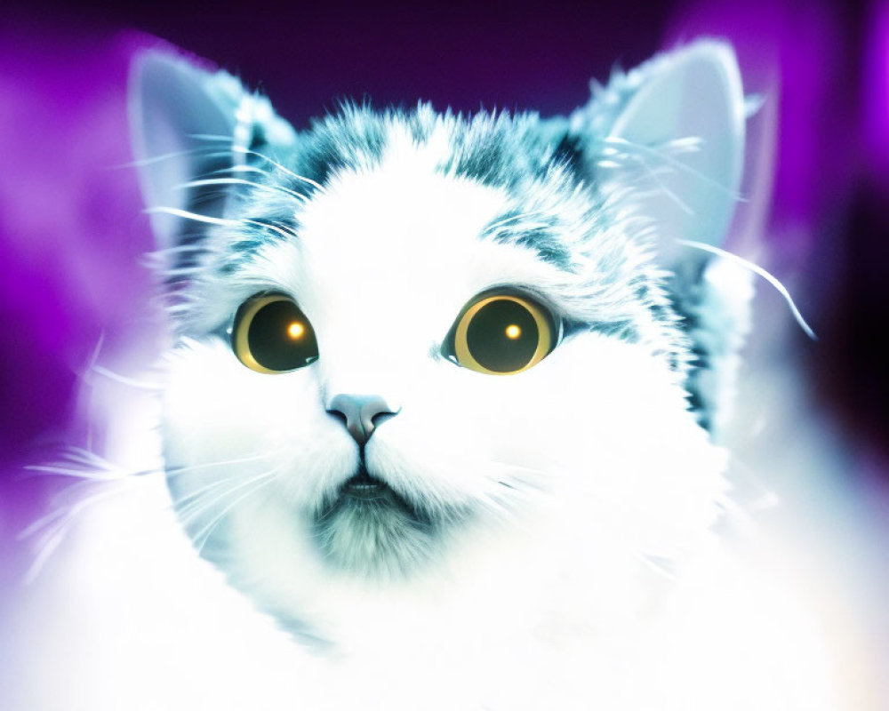Digitally Enhanced White Cat with Large Yellow Eyes on Purple Background