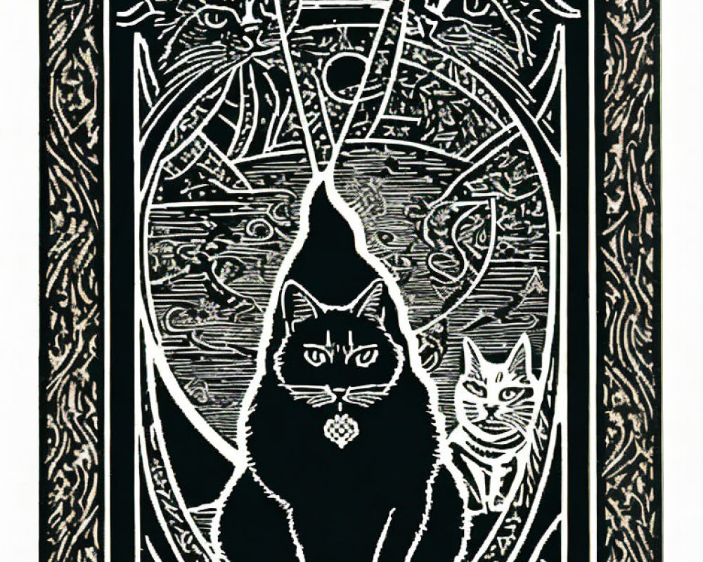 Artistic Black and White Image of Three Cats with Celtic-style Borders