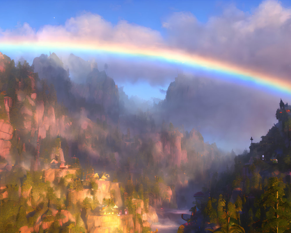 Colorful rainbow over misty, fantastical landscape with illuminated buildings