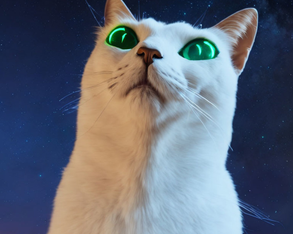 White Cat with Green Eyes Against Starry Night Sky