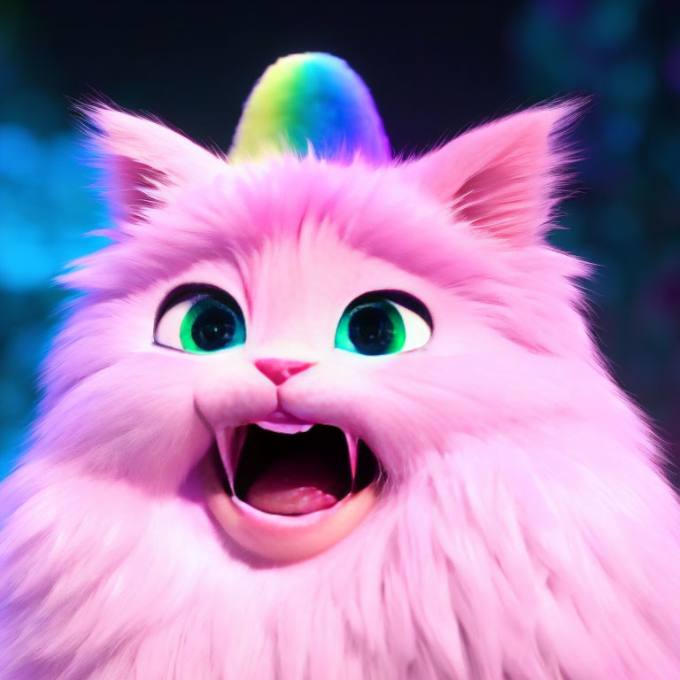 Fluffy Pink Cartoon Cat with Rainbow Horn