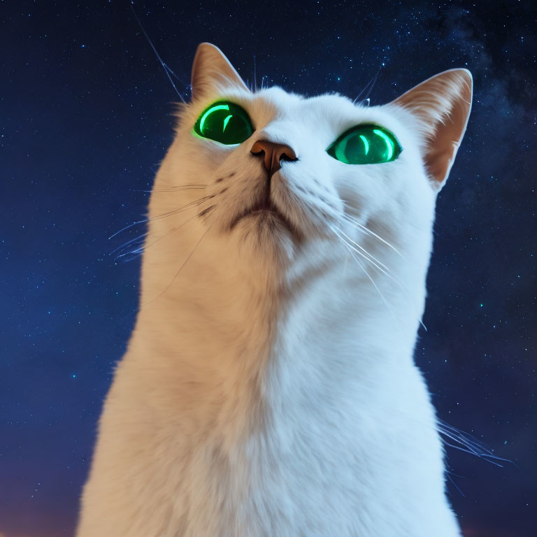 White Cat with Green Eyes Against Starry Night Sky